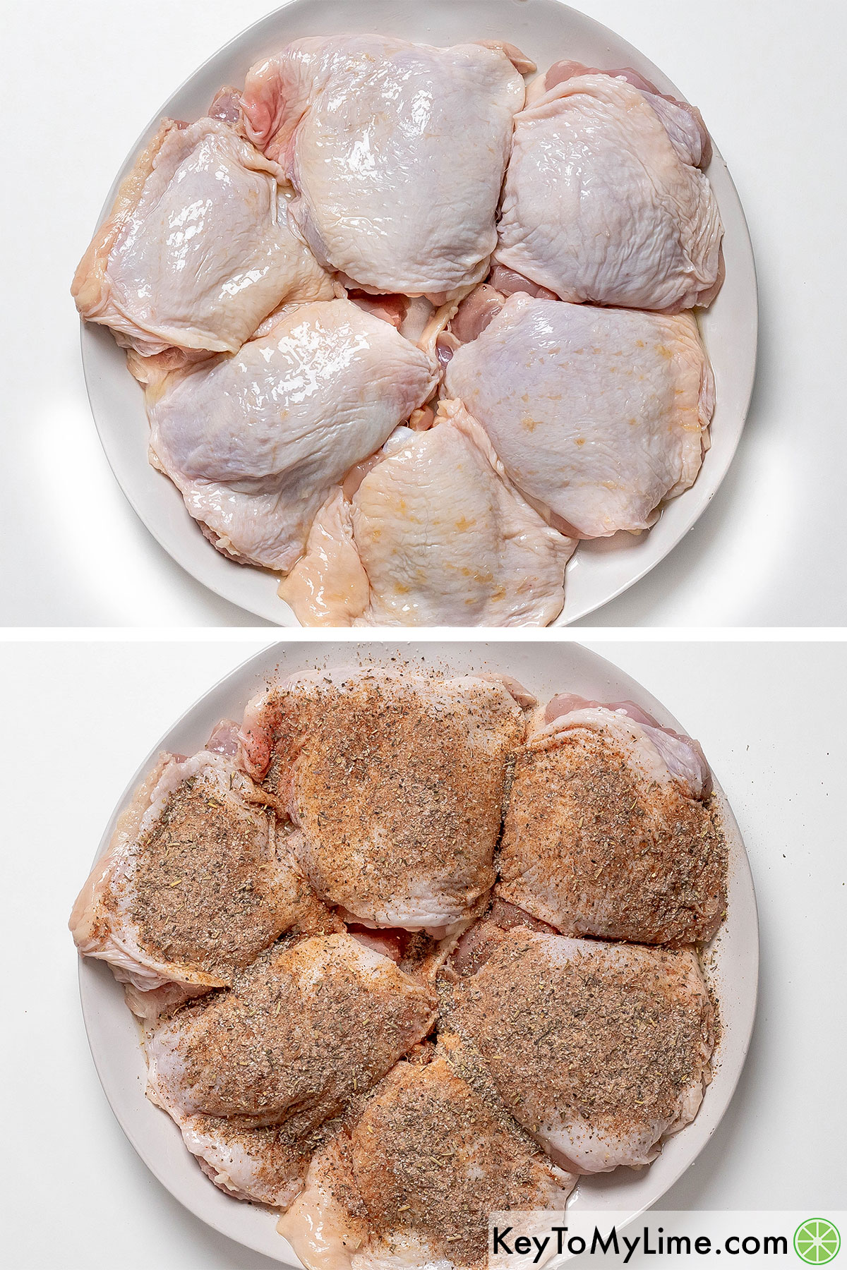 Rubbing the oil on the chicken thighs then evenly coating with seasonings.
