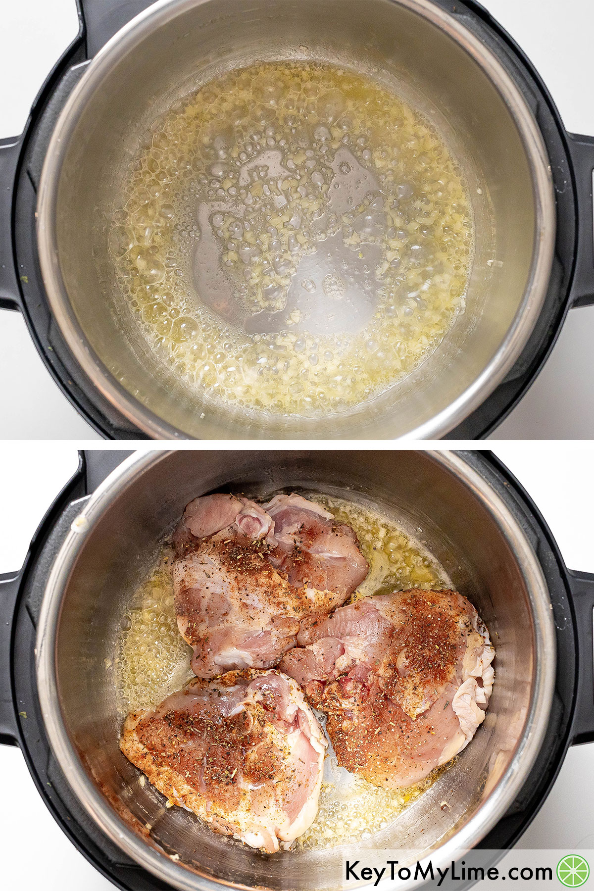 Sauteing garlic in melted butter in the instant pot then once aromatic searing the chicken thighs.