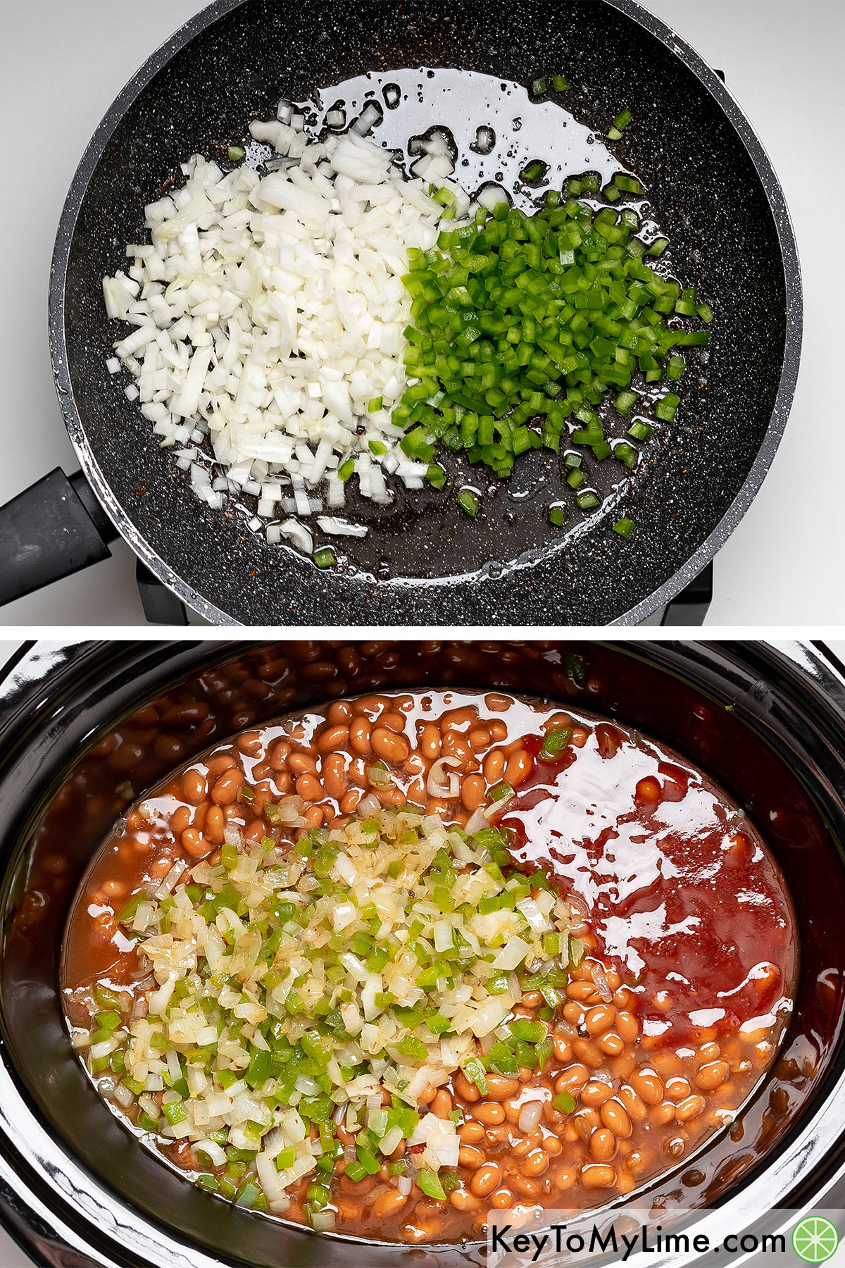 Sauteing the vegetables in a skillet then adding to a crockpot once cooked with beans and the homemade sauce.