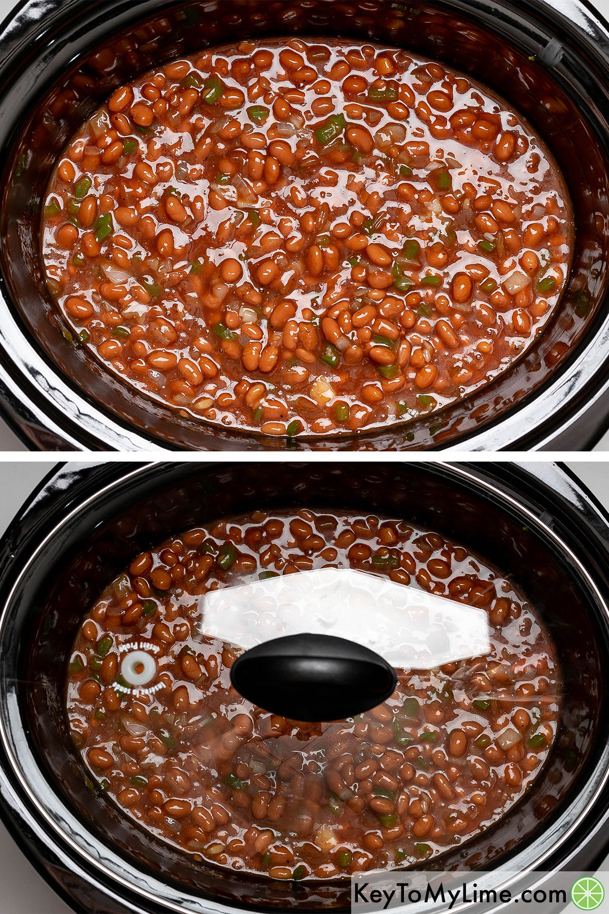 Stirring together the baked bean ingredients then covering with a lid and cooking on low.