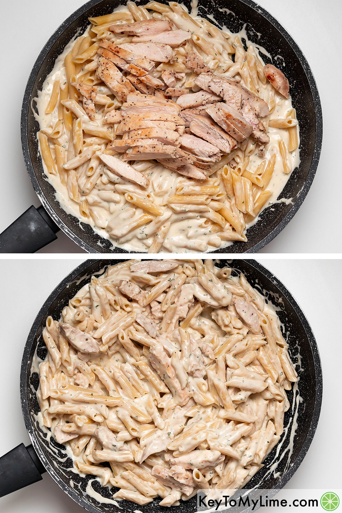 Tossing the noodles throughout the sauce then adding chicken and tossing until everything is completely coated.