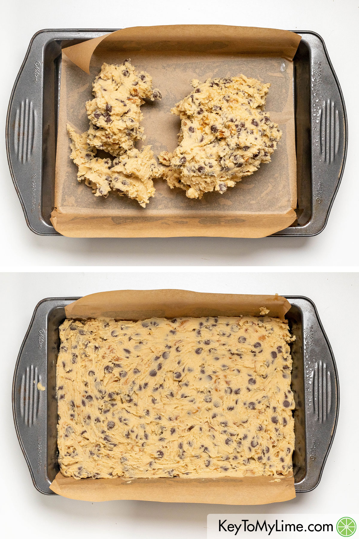 Transferring the cookie batter to a lined baking sheet and spreading out evenly.