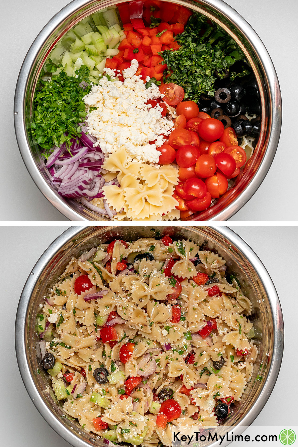 Adding the cooked pasta and chopped vegetables to a mixing bowl then tossing thoroughly with mixed the dressing.