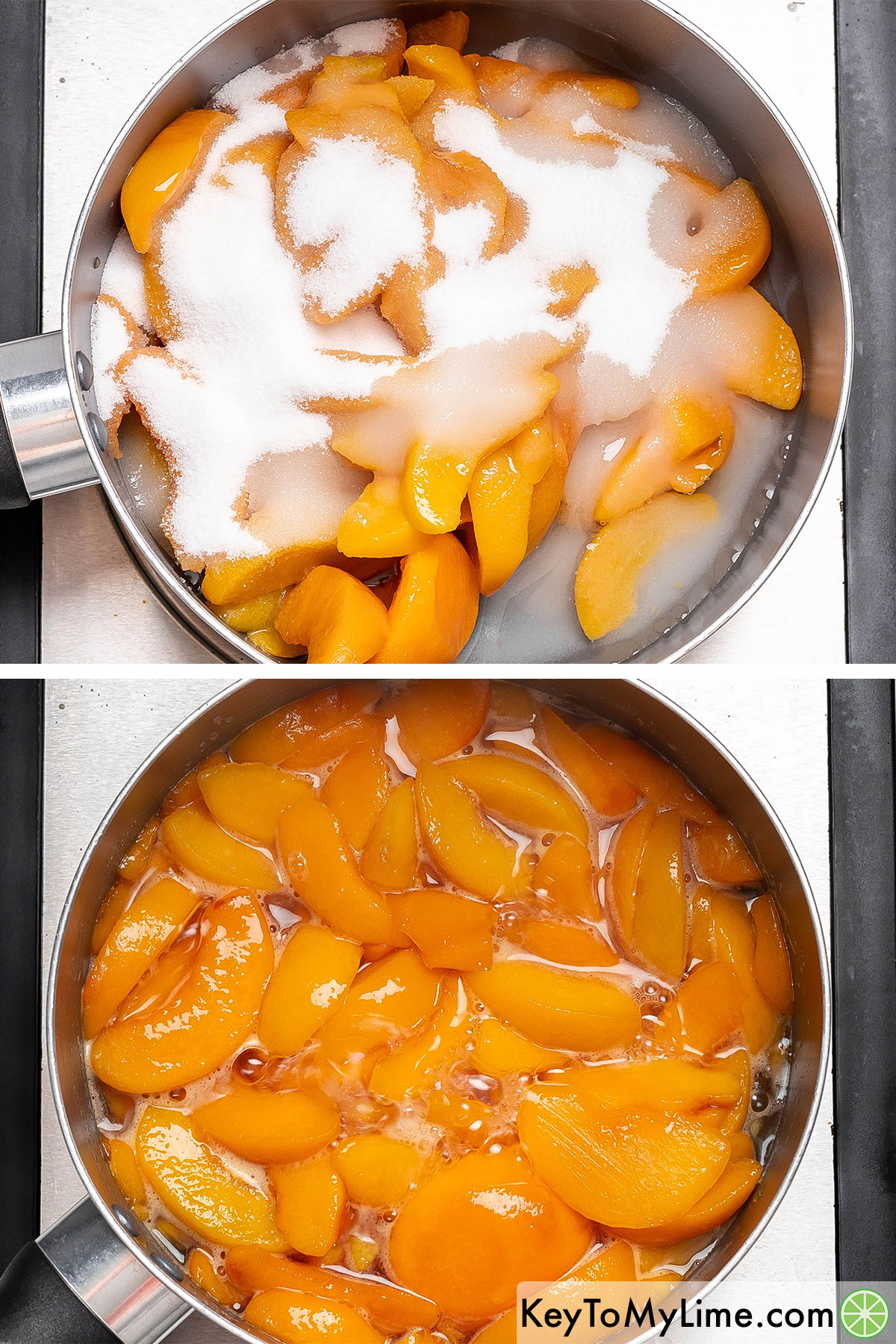 Adding peaches, sugar and water to a medium sized pan then simmering for ten minutes.