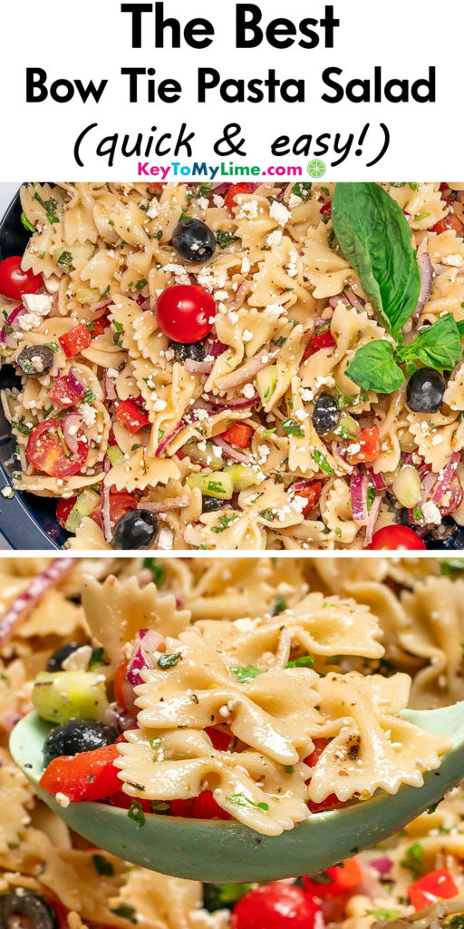 A Pinterest pin image with a picture of bow tie pasta salad, with title text at the top.