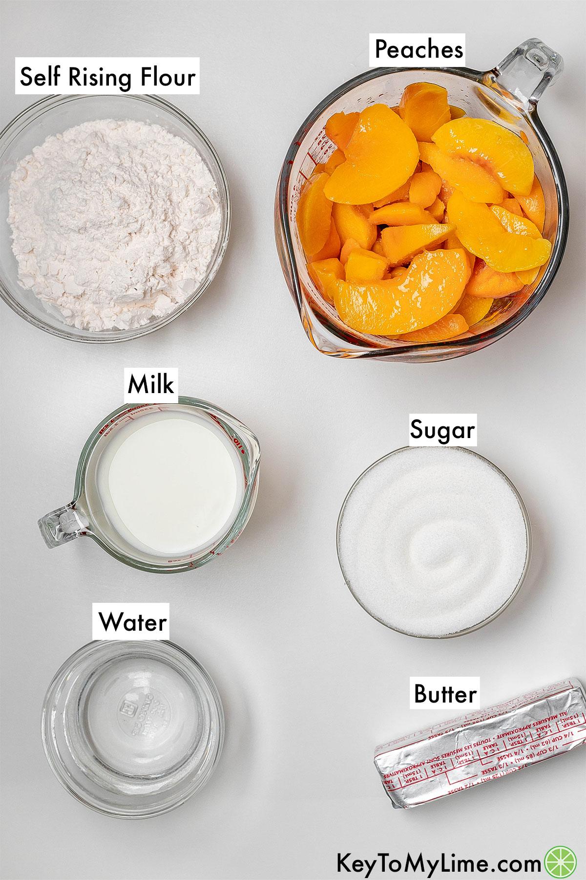 The labeled ingredients for Paula Deen peach cobbler.