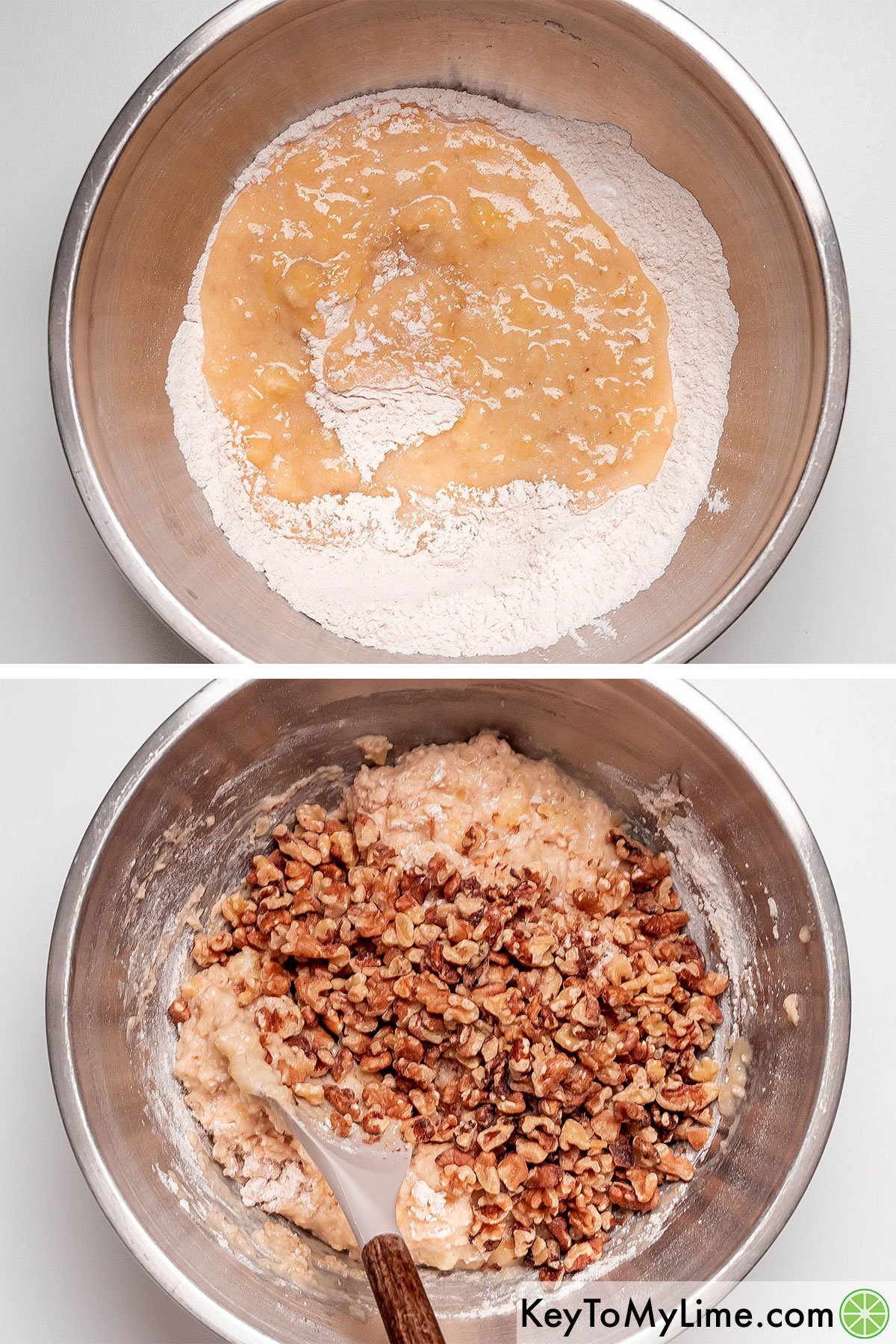 Adding the wet banana mixture to the dry flour ingredients in a large mixing bowl and mixing until just combined then adding in walnuts.