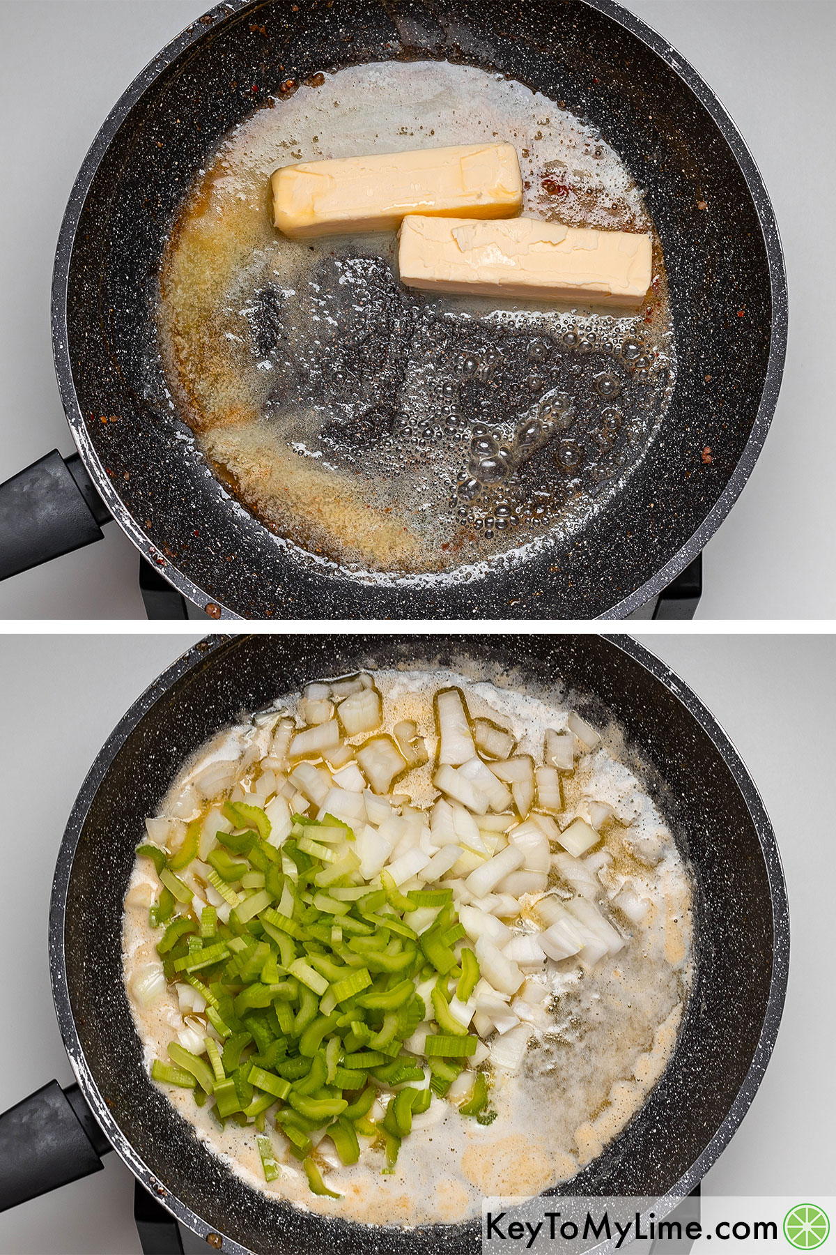 Adding butter to a hot skillet then adding in celery and onions.