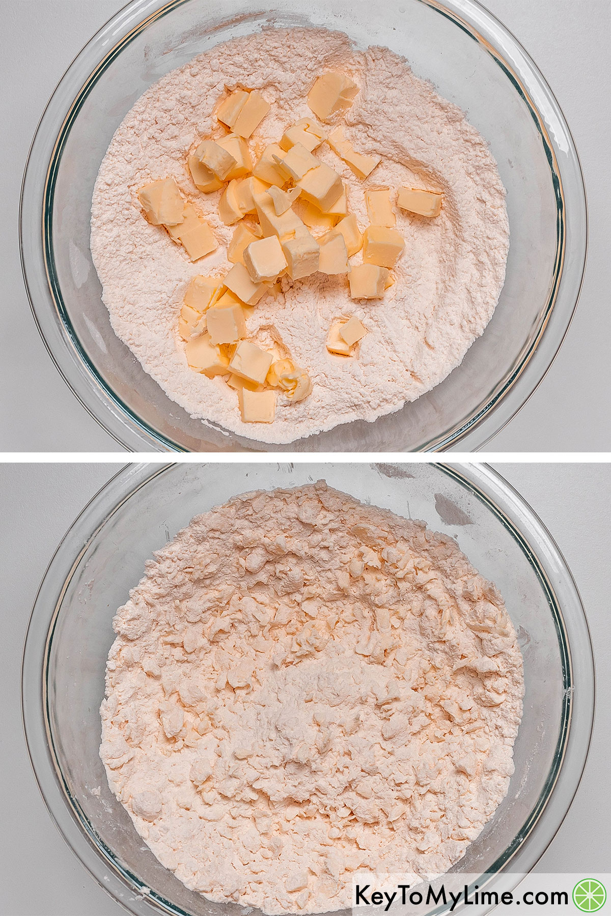Adding cold butter cubes to the whisked dry flour ingredients and using a dough blender until reaching a coarse crumble.
