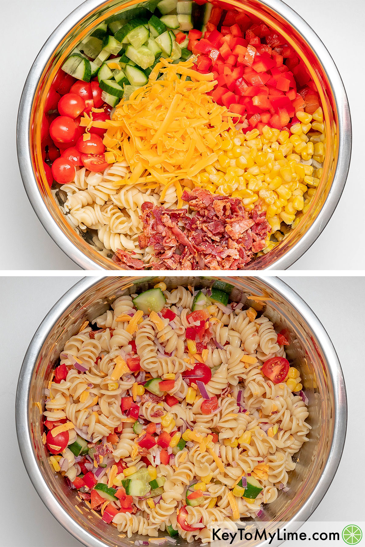 Adding the diced vegetables, cheese and cooked rotini pasta to a large mixing bowl and mixing together.