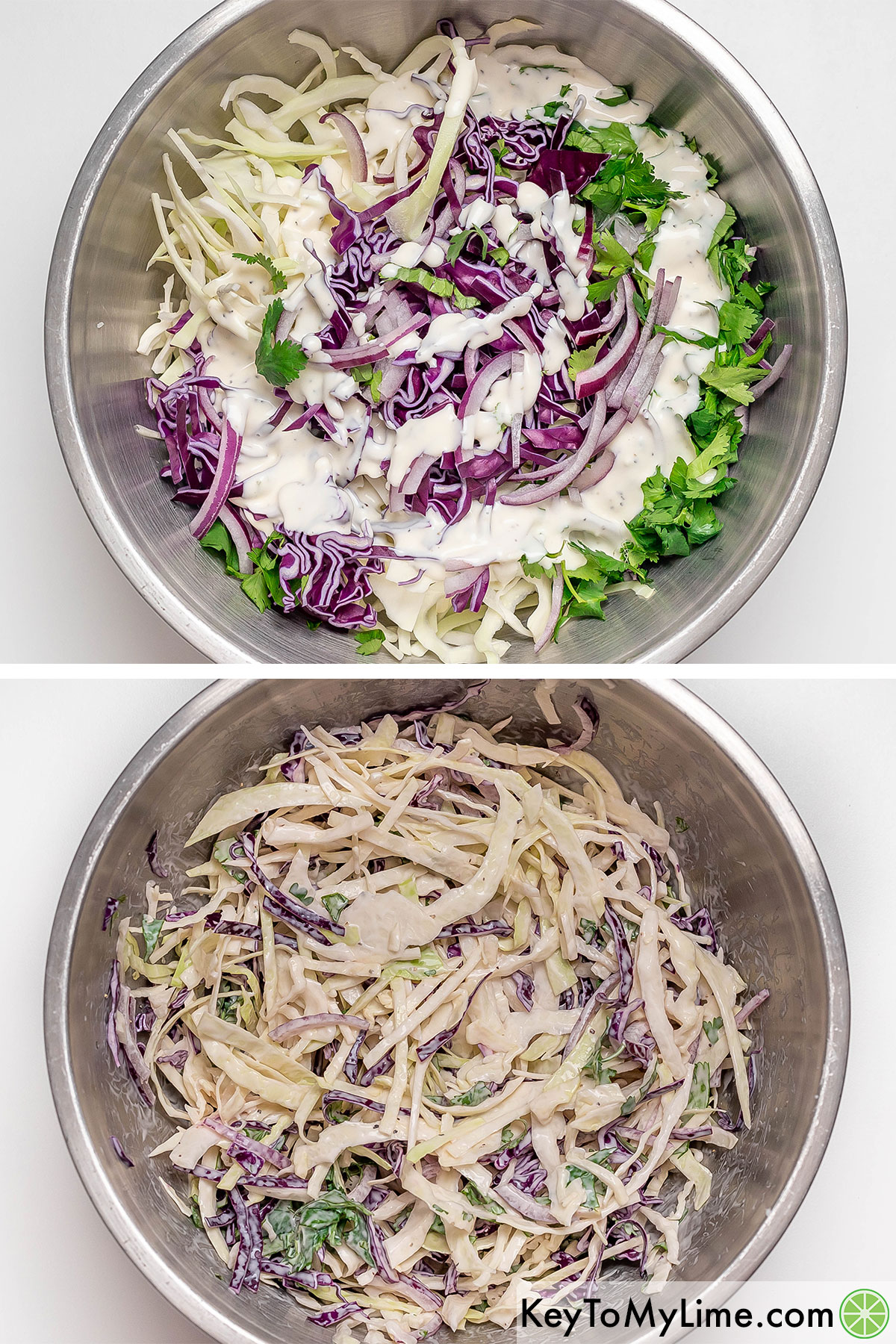 Adding the dressing to the coleslaw ingredients and tossing until fully incorporated.
