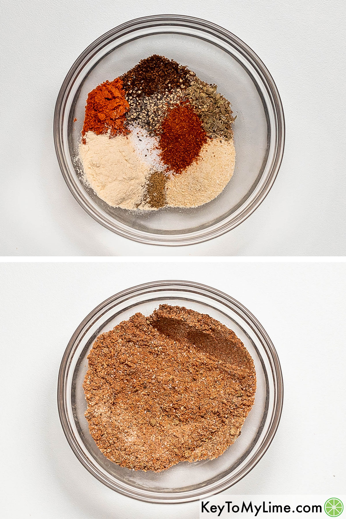 Adding the dry spices to form a rub in a small mixing bowl and whisking together.