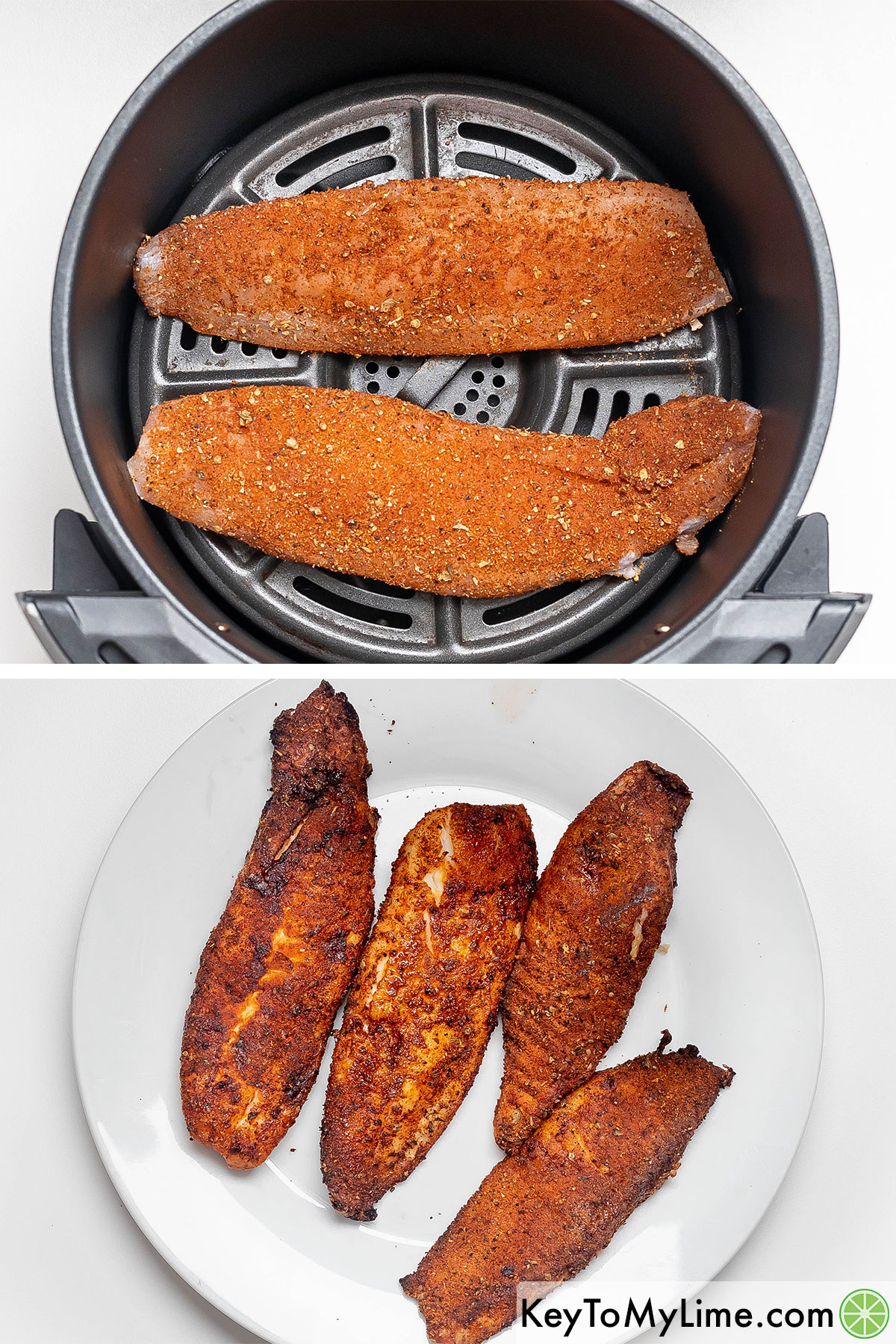 Placing the coated filets into an air fryer basket to cook and then placing on a plate once cooked.