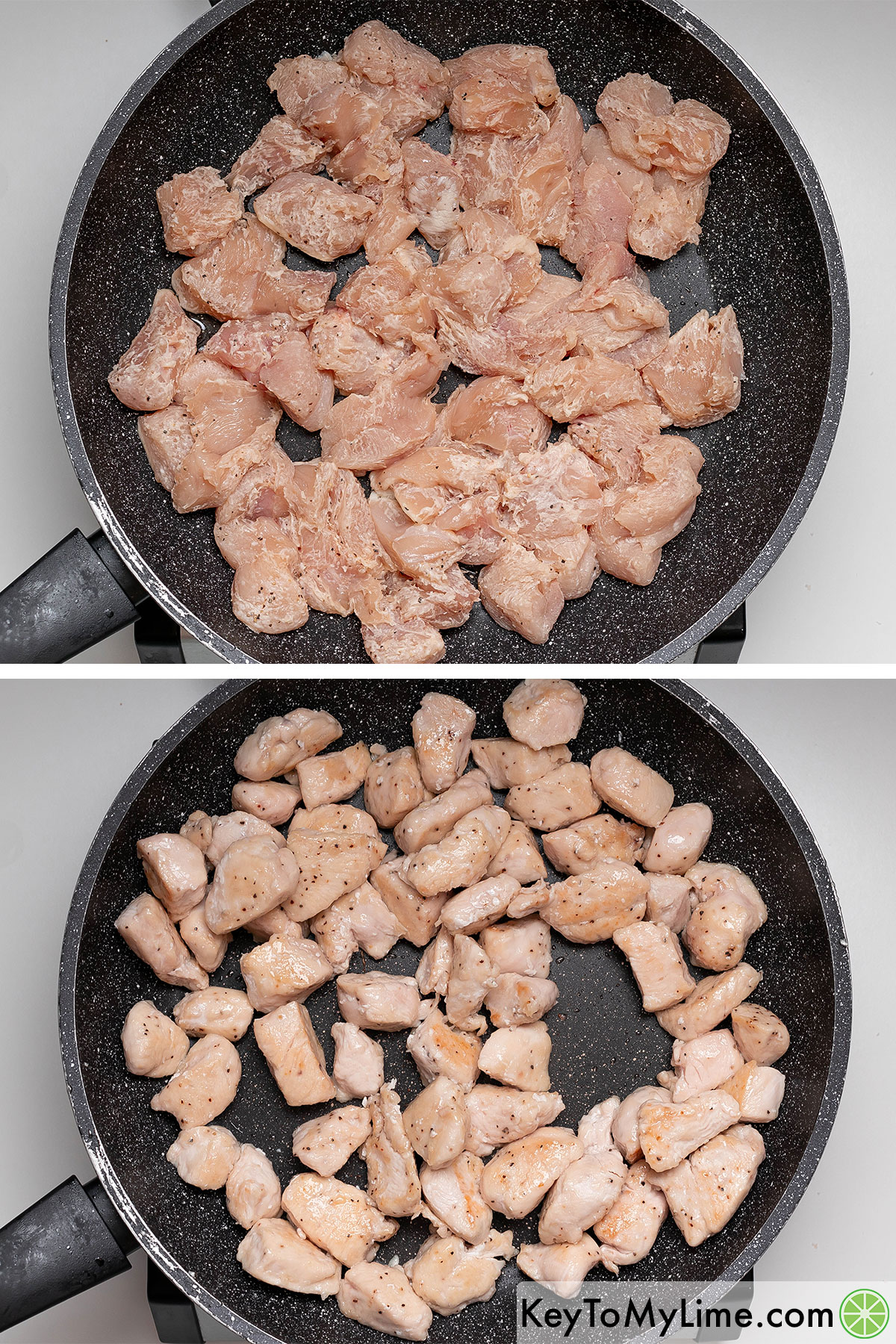 Adding the fully coated chicken to a hot skillet with oil and cooking until browned.
