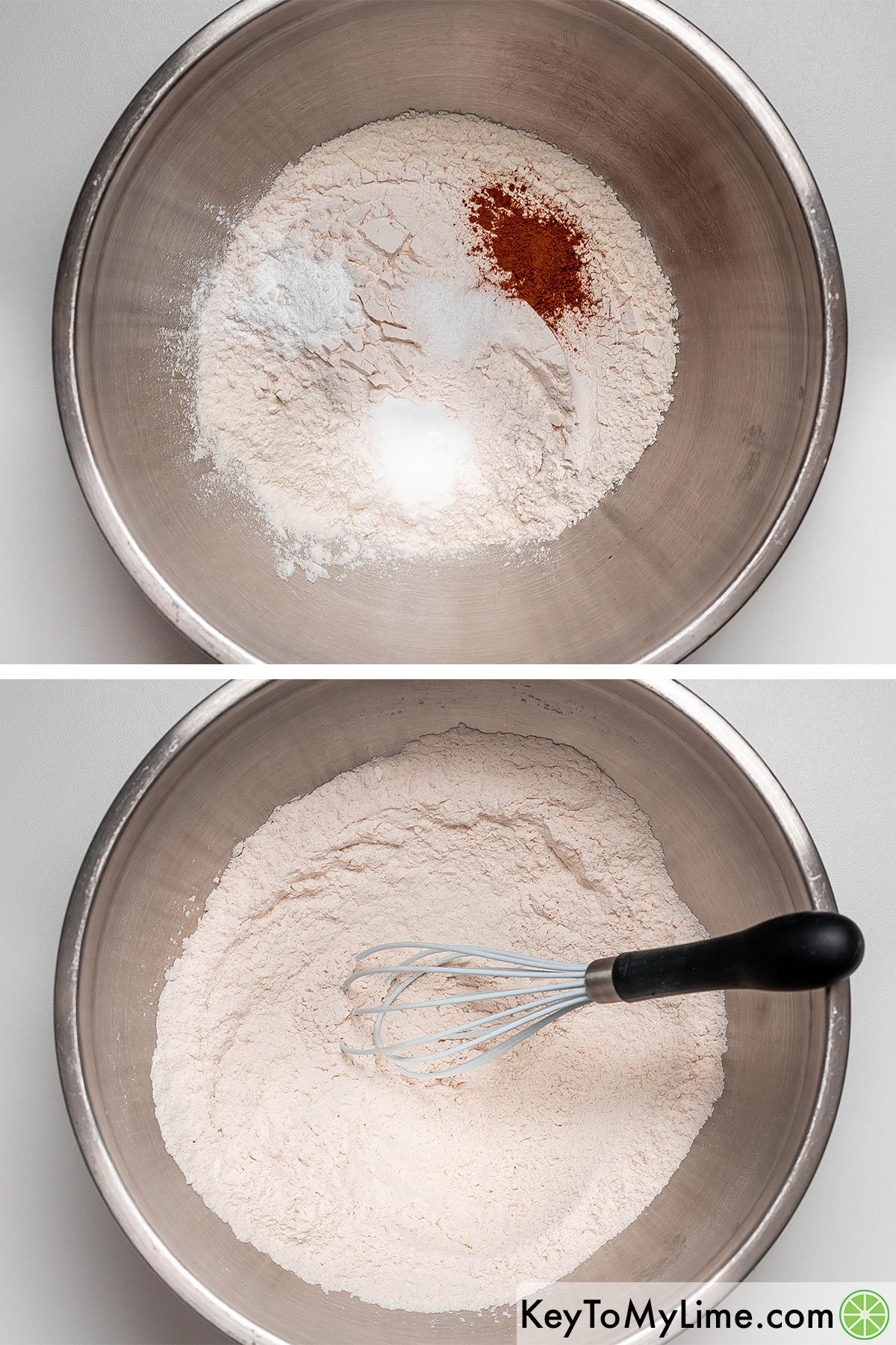 Adding flour, salt, baking powder, baking soda and cinnamon to a large mixing bowl and whisking together.