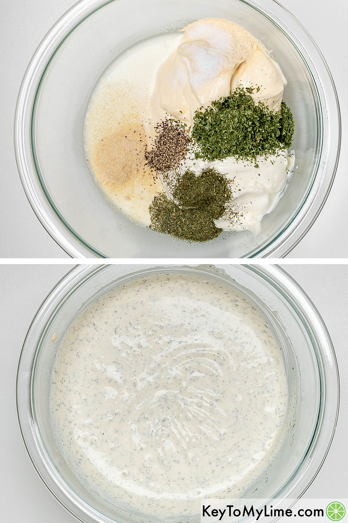 Adding the mayonnaise, sour cream, and dry seasonings in a large mixing bowl and thoroughly mixing together.