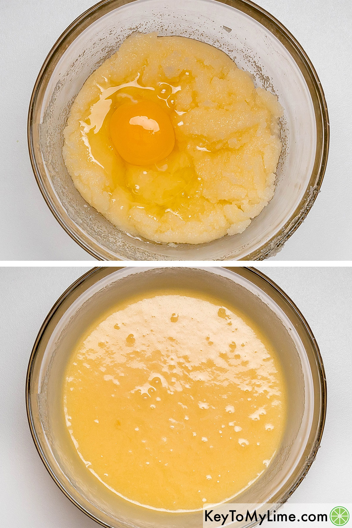Adding one egg at a time until the mixture is incorporated.
