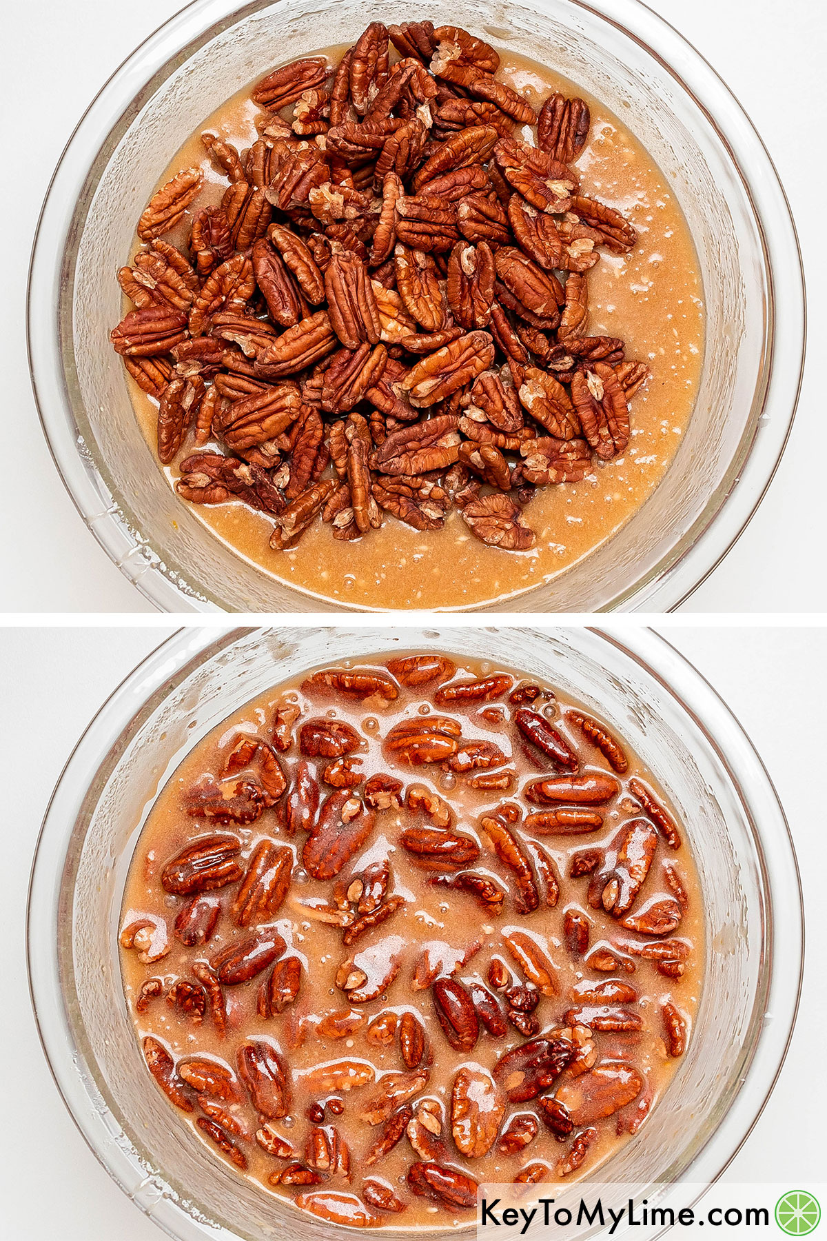 Adding pecans to the mixture in a large mixing bowl and tossing until evenly coated.