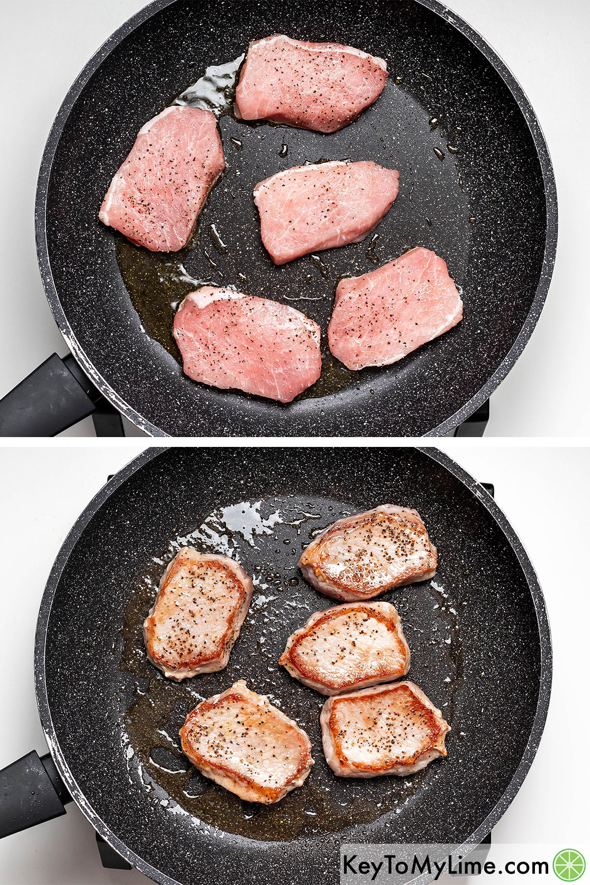 Adding the pork chops to a heated pan with oil and then searing until both sides are cooked.