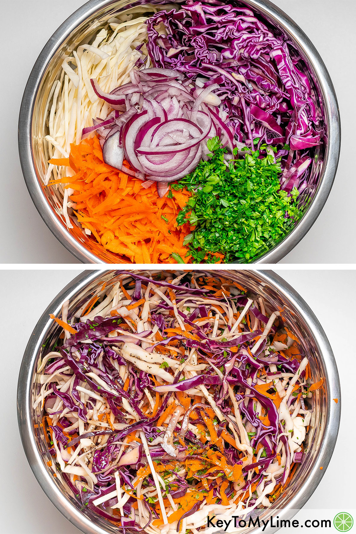 Adding the sliced vegetables to a large mixing bowl then tossing together and adding the dressing once mixed.