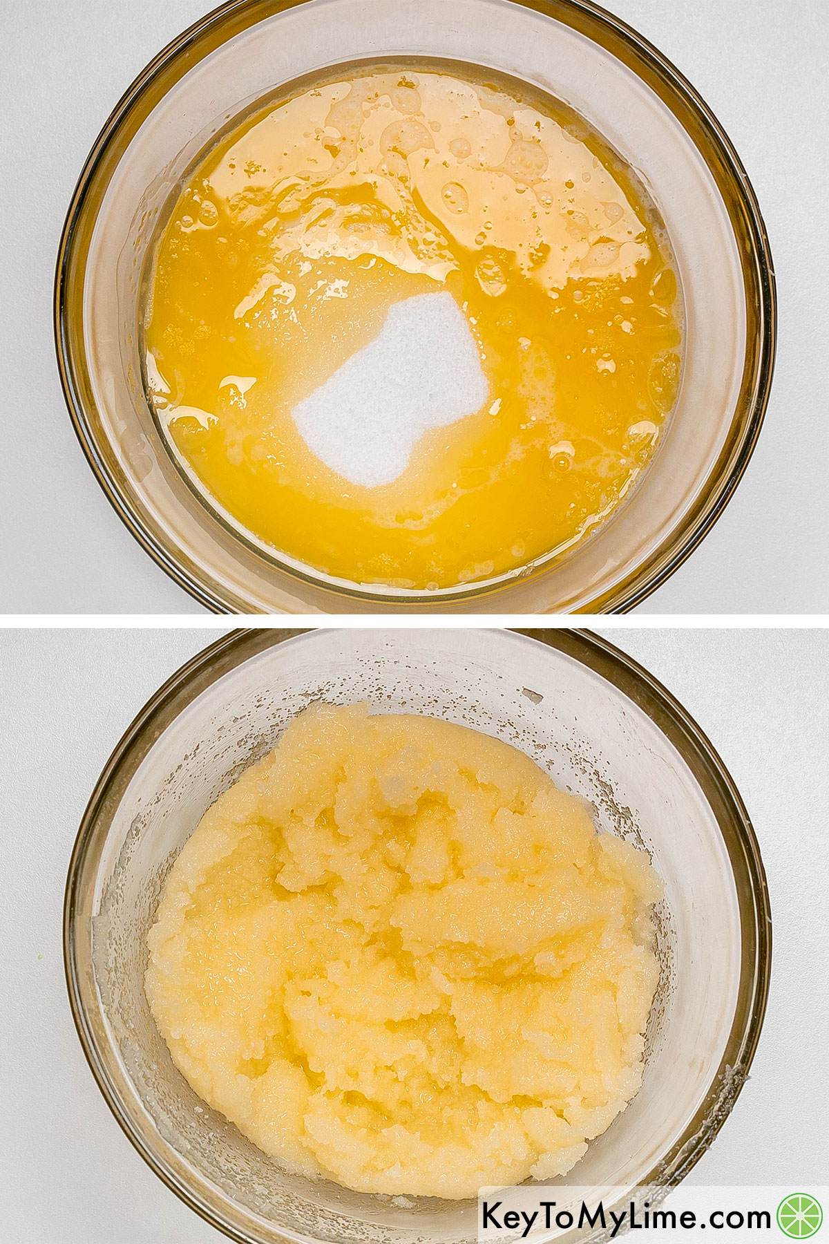 Adding sugar and butter to a large glass mixing bowl and mixing together until a thick paste is formed.