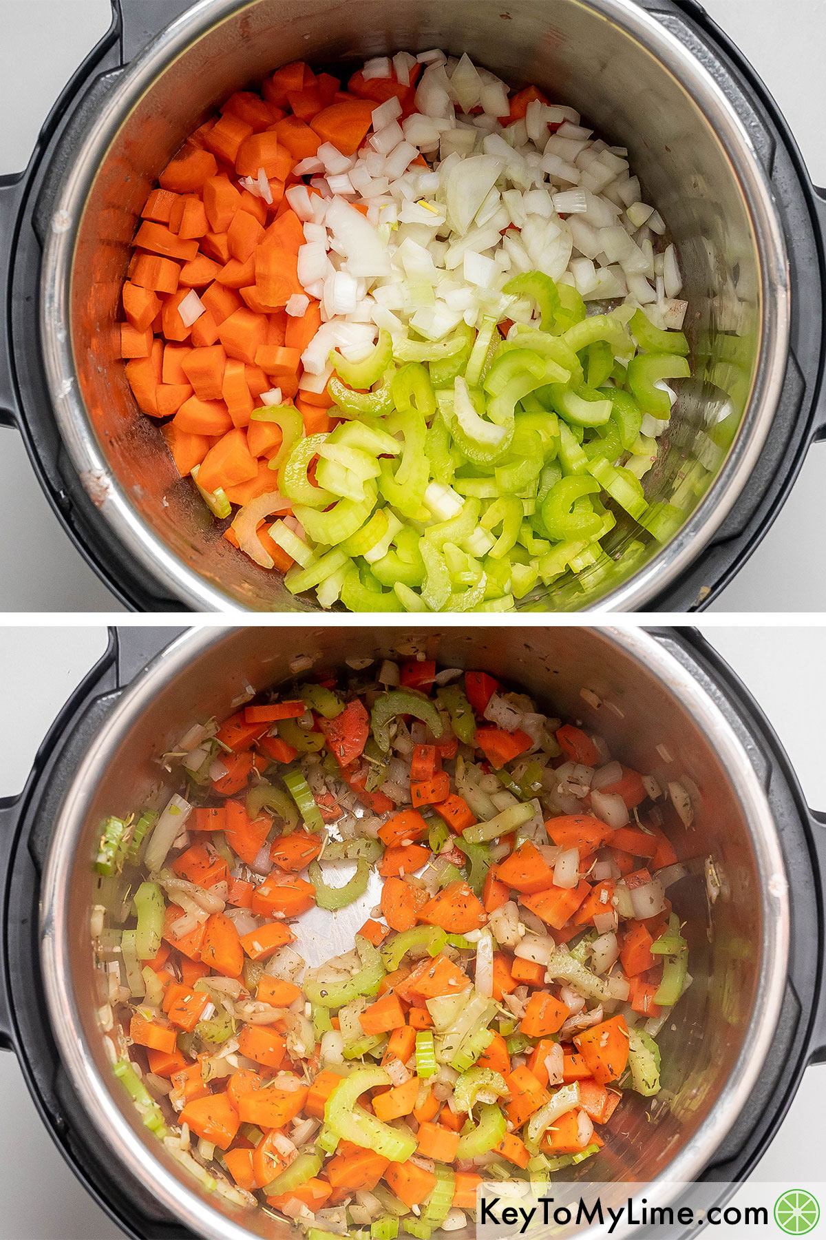 Adding the vegetables to the instant pot and sauteing until softened the mixing in garlic, rosemary and thyme.