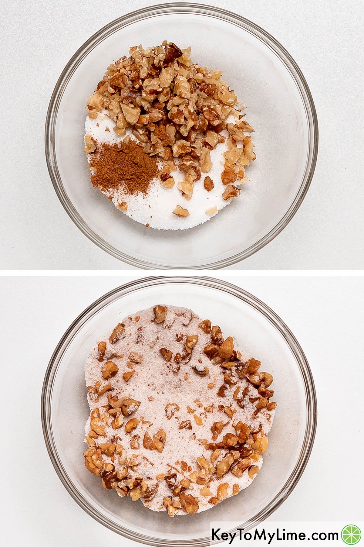 Adding walnuts, sugar and cinnamon to a small mixing bowl and then mixing to create the sugar topping.