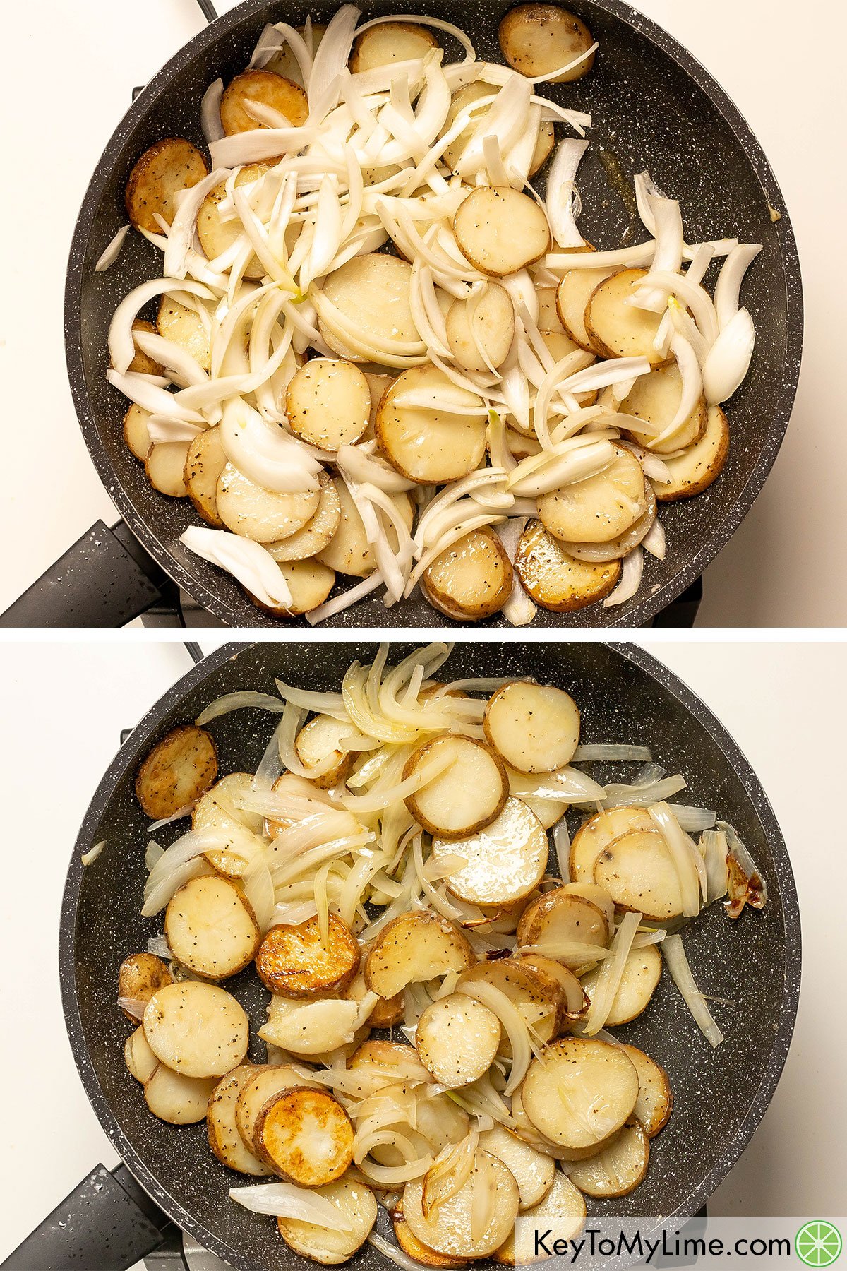 Adding onion slices to the partially  cooked potatoes and cooking until translucent.