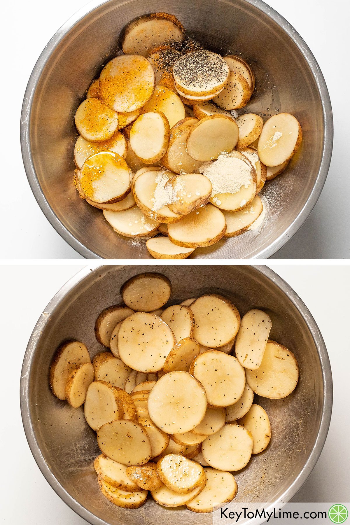 Adding the sliced potatoes to a large mixing bowl and tossing with the dried seasonings and olive oil.