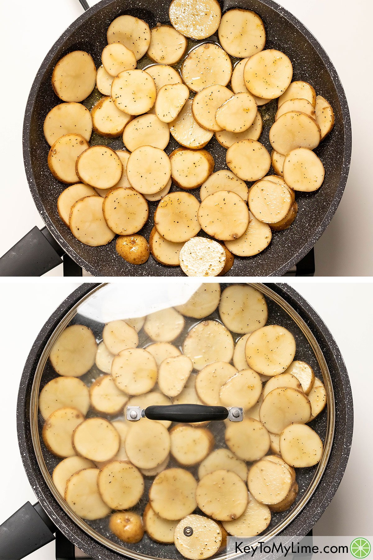 Adding russet potato slices to a hot skillet with oil and cooking and covering with a lid.