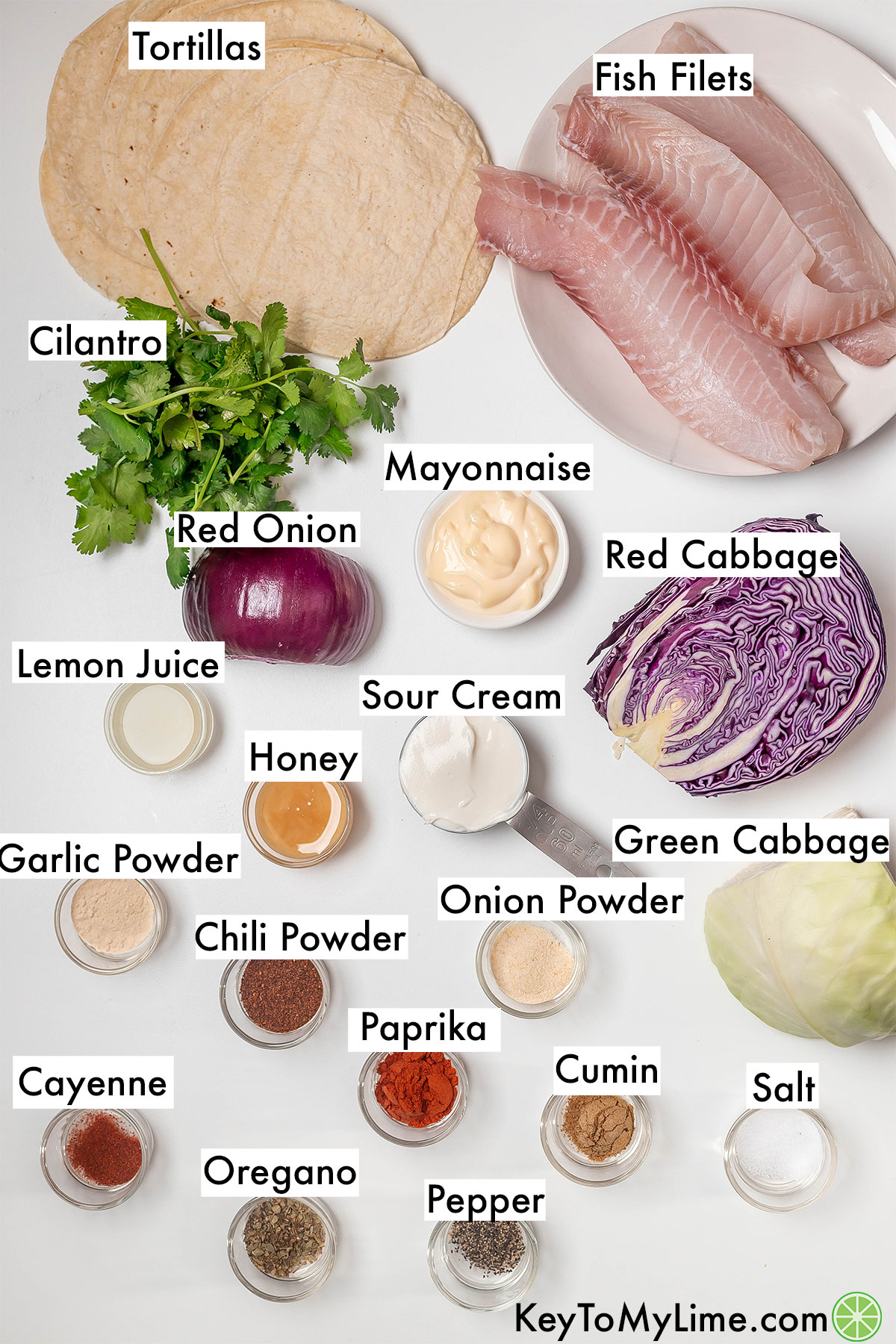 The labeled ingredients for air fryer fish tacos.