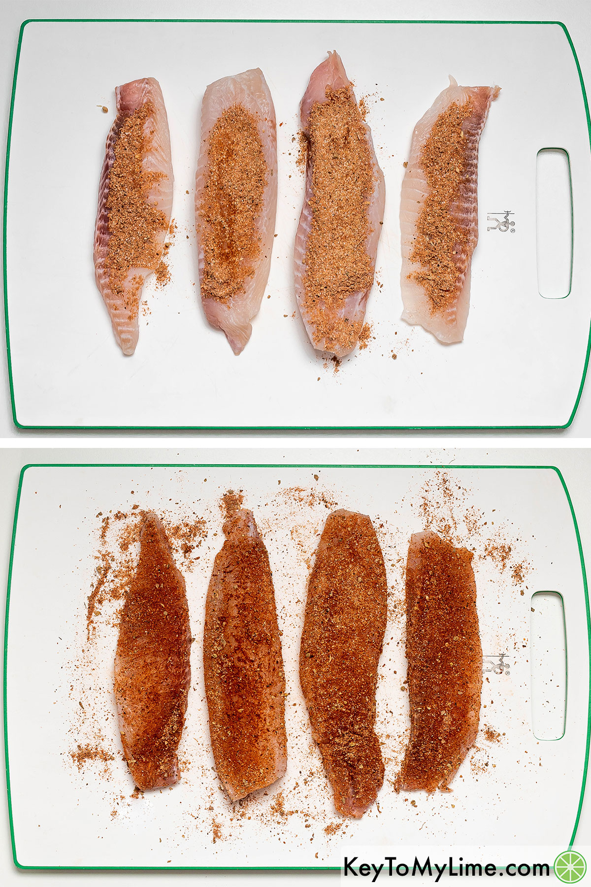 Applying the fish rub to both sides of the filets and then spraying with cooking oil.
