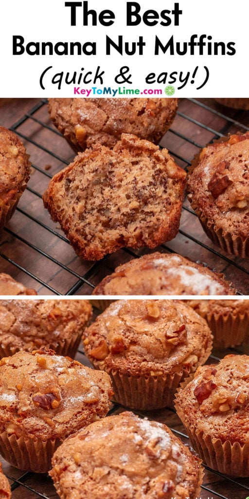 A Pinterest pin image with a picture of banana nut muffins with title text at the top.