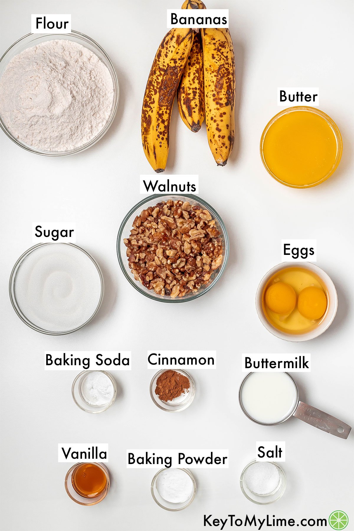 The labeled ingredients for banana nut muffins.
