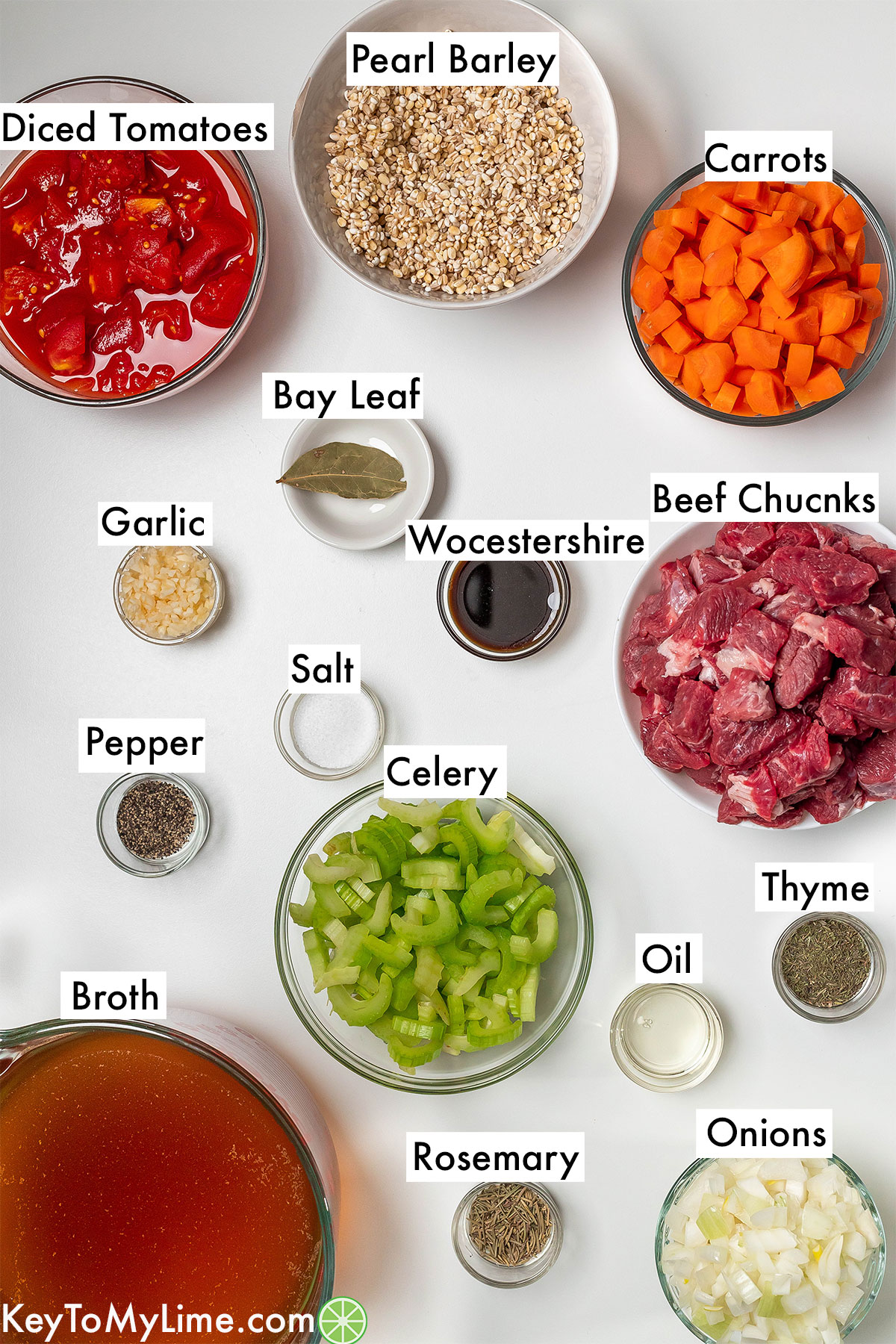The labeled ingredients for beef barley soup instant pot.