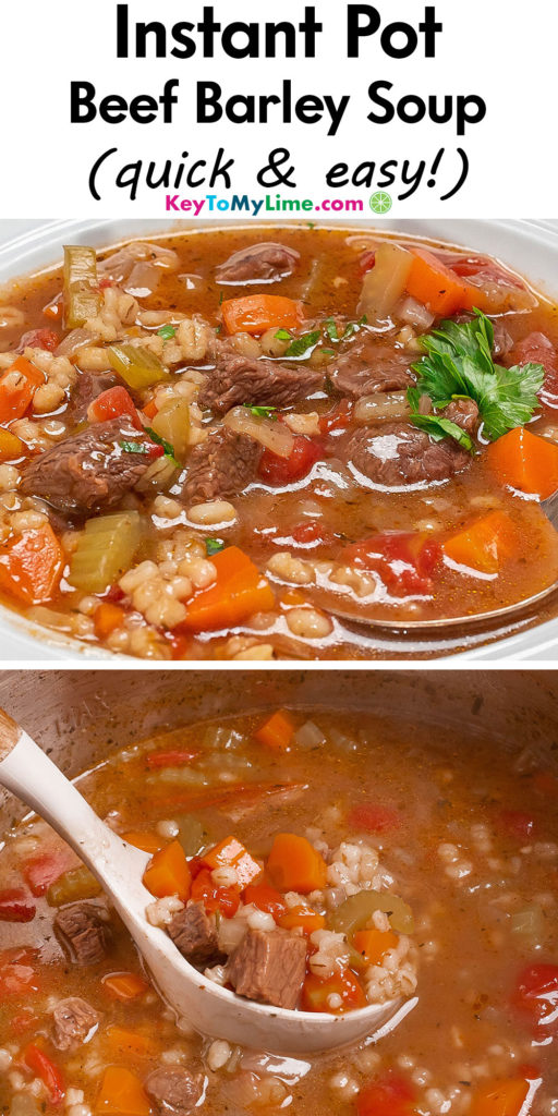 A Pinterest pin image with a picture of beef barley soup instant pot, with title text at the top.