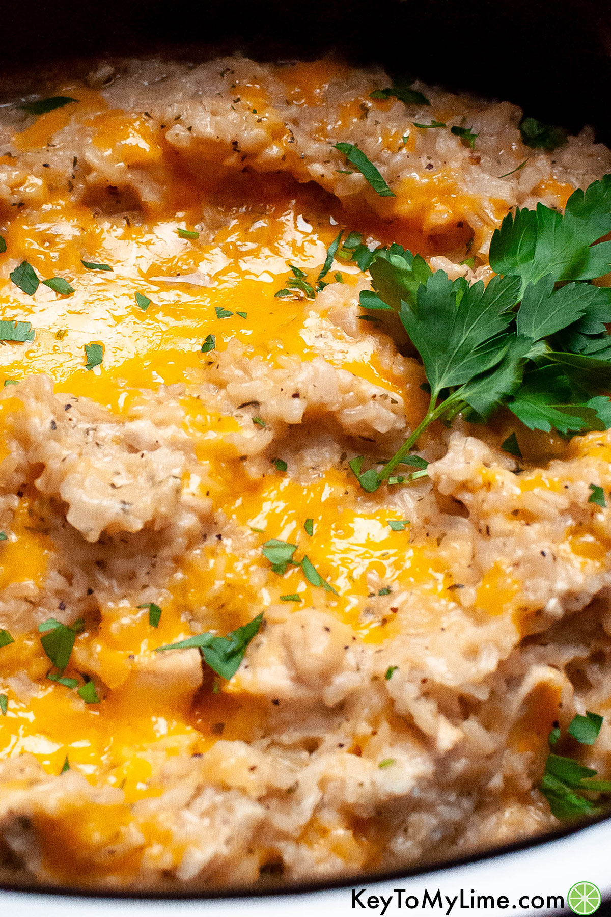 A close up showing the texture of the cheese chicken and rice dish in a crockpot.