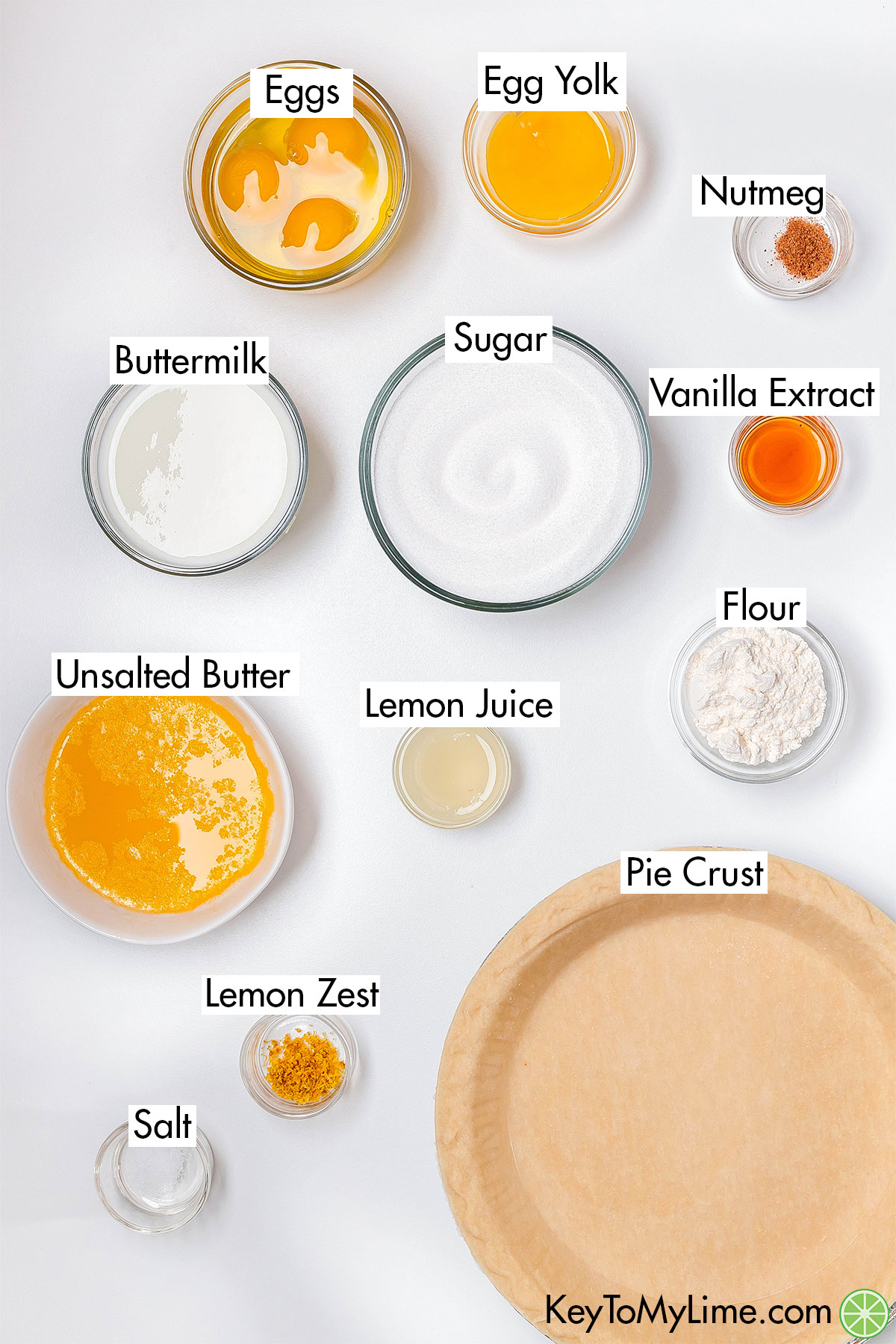 The labeled ingredients for buttermilk pie.