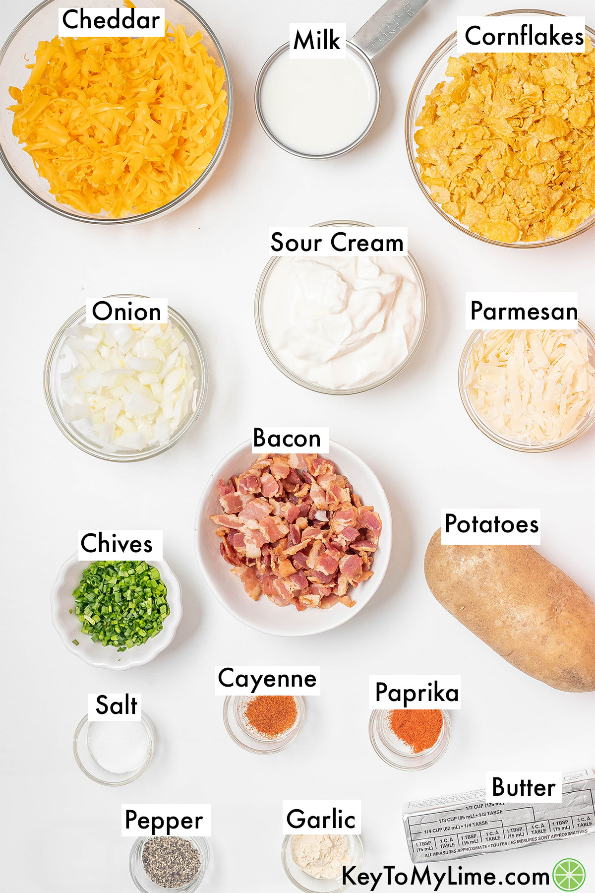 The labeled ingredients for cheesy potato casserole.
