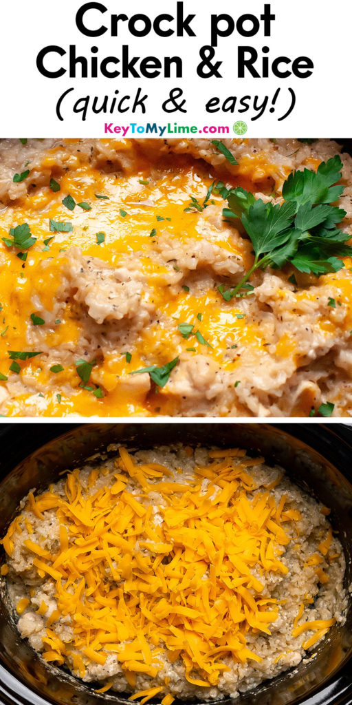 A Pinterest pin image with a picture of crock pot chicken and rice with title text at the top.