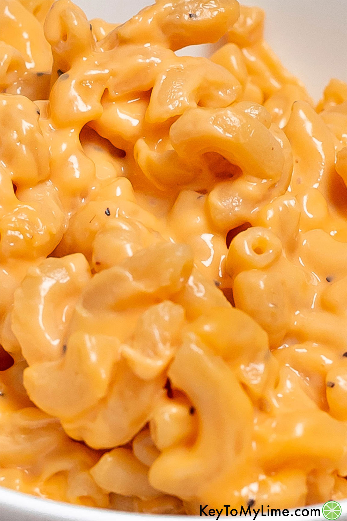 A close up showing the cheesy creamy texture of the mac and cheese pasta.