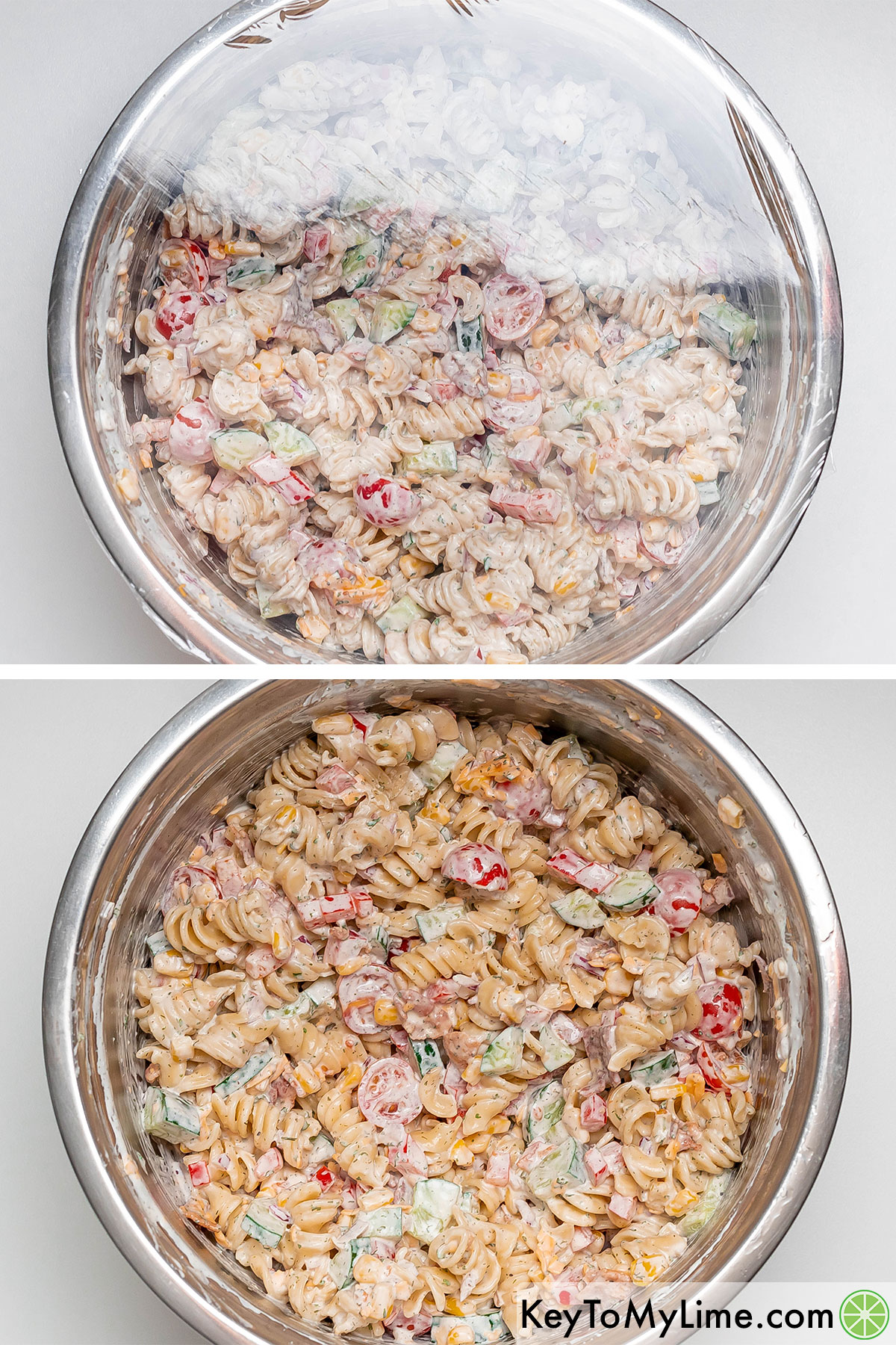 Covering and refrigerating the mixed pasta salad with saran wrap.