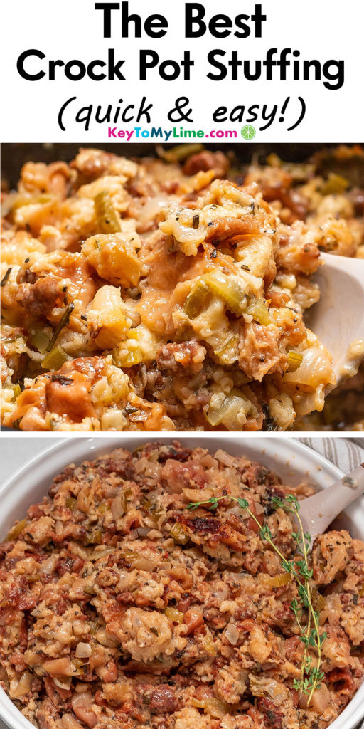 A Pinterest pin image with a picture of crock pot stuffing with title text at the top.