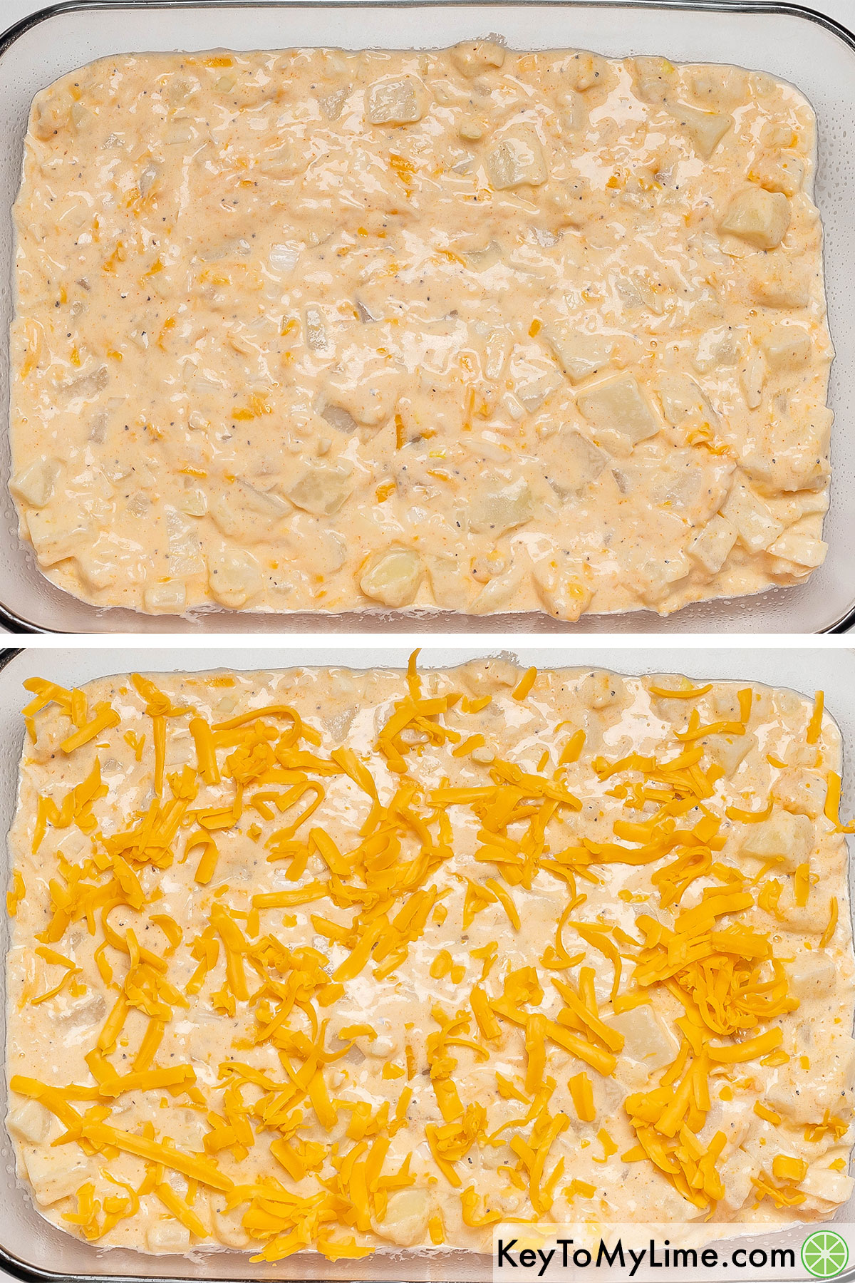 Pouring the cheesy potato mixture into a casserole dish and then topping with the remaining cheddar cheese on top.