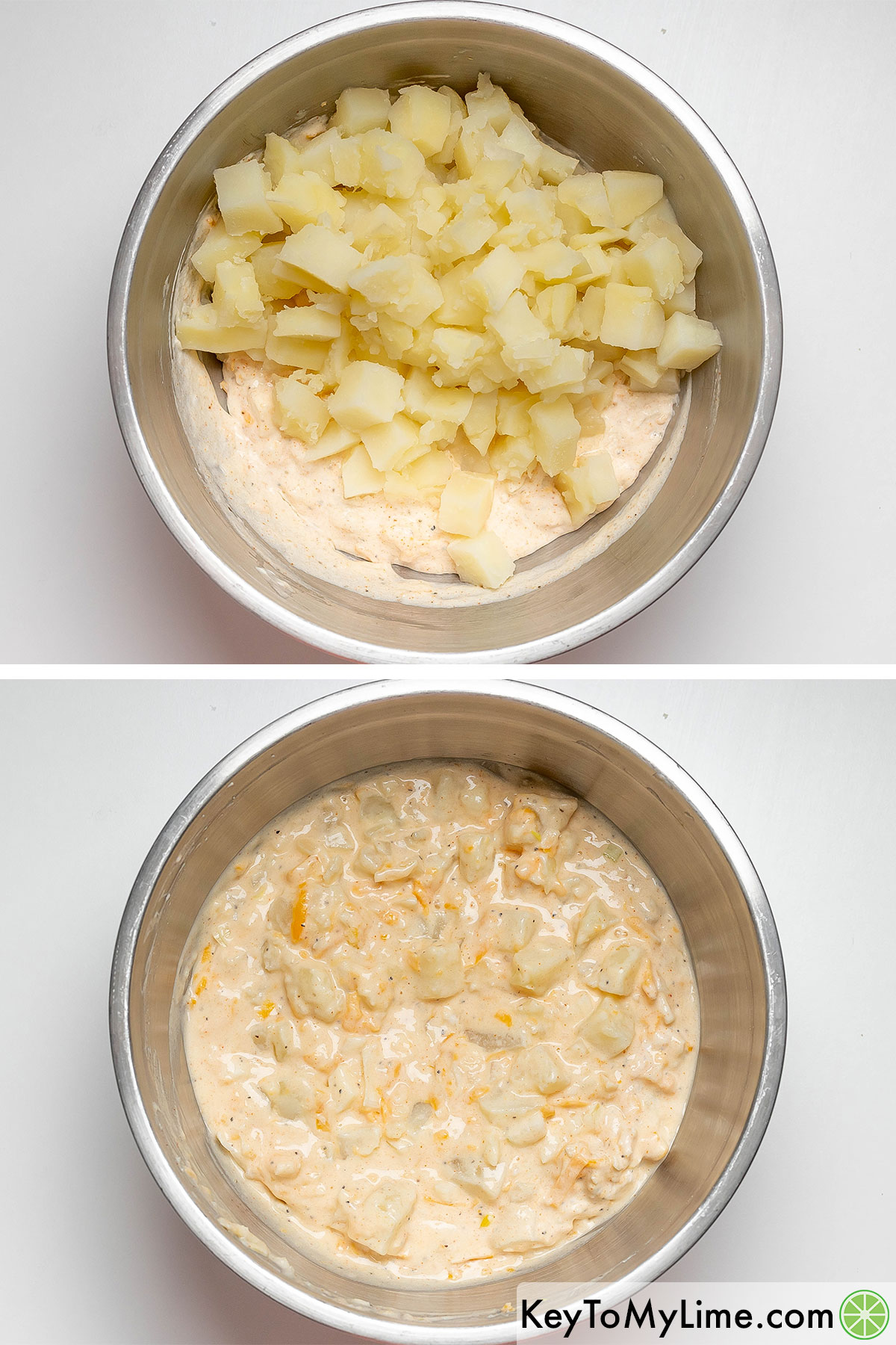 Adding and folding in the cut potatoes to the wet cheese mixture until combined.