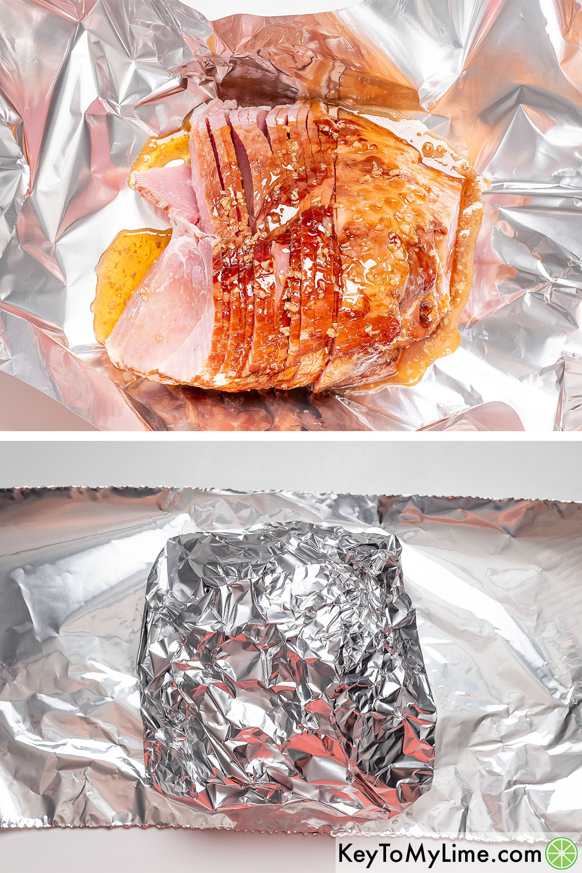 Placing the spiral ham in aluminum foil and drizzling the glaze over before covering up.