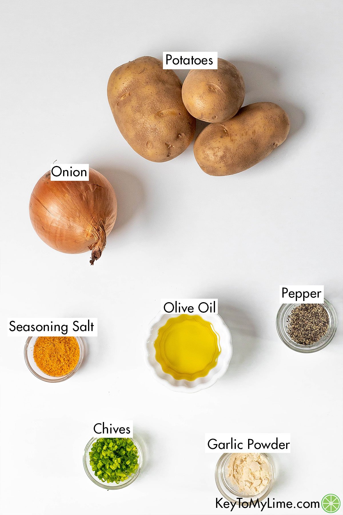 The labeled ingredients for fried potatoes and onions.