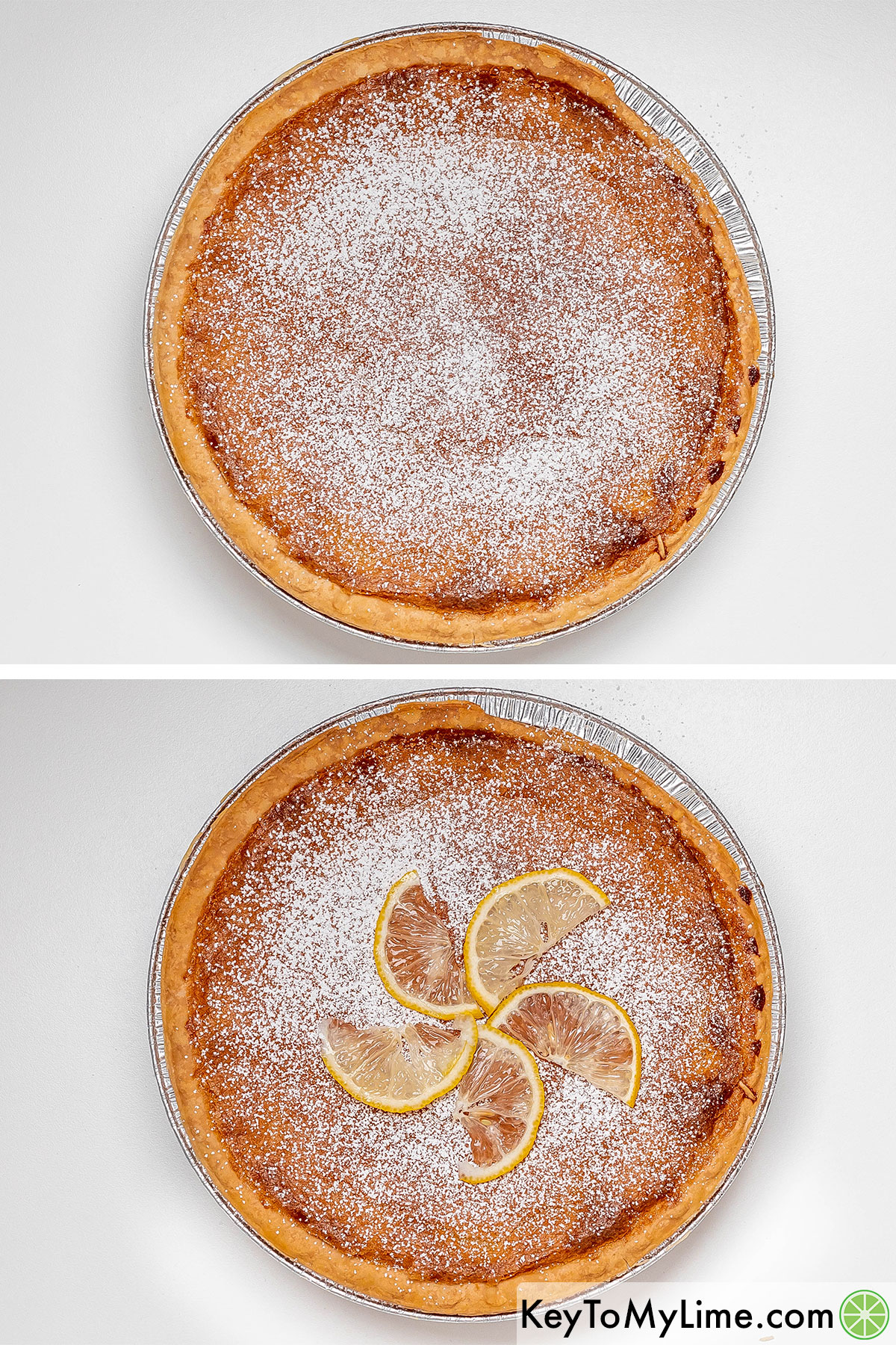 Garnishing the pie with multiple thin lemon wedges.