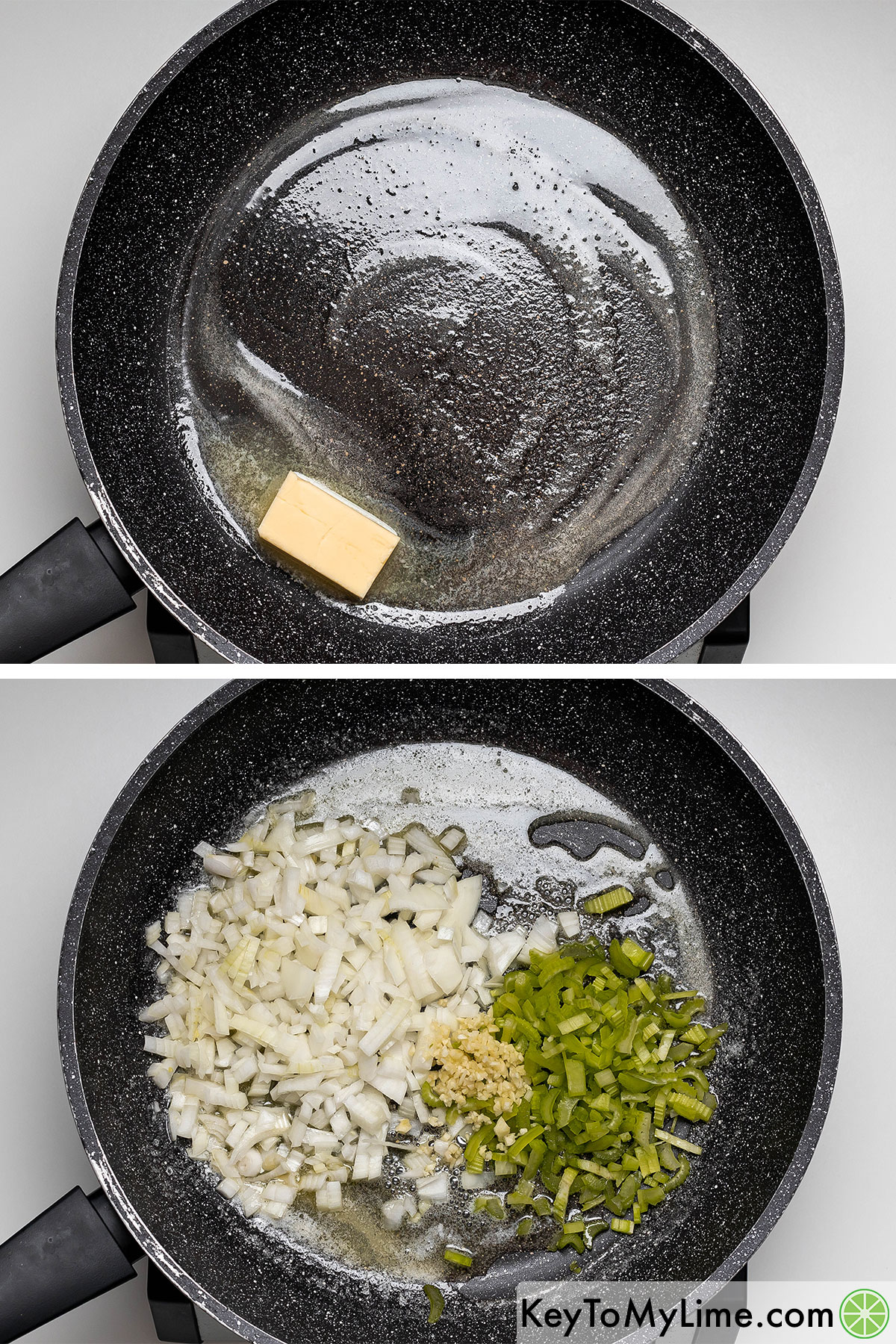 Heating a large skillet then melting butter then adding in onions, garlic, and celery to the pan.