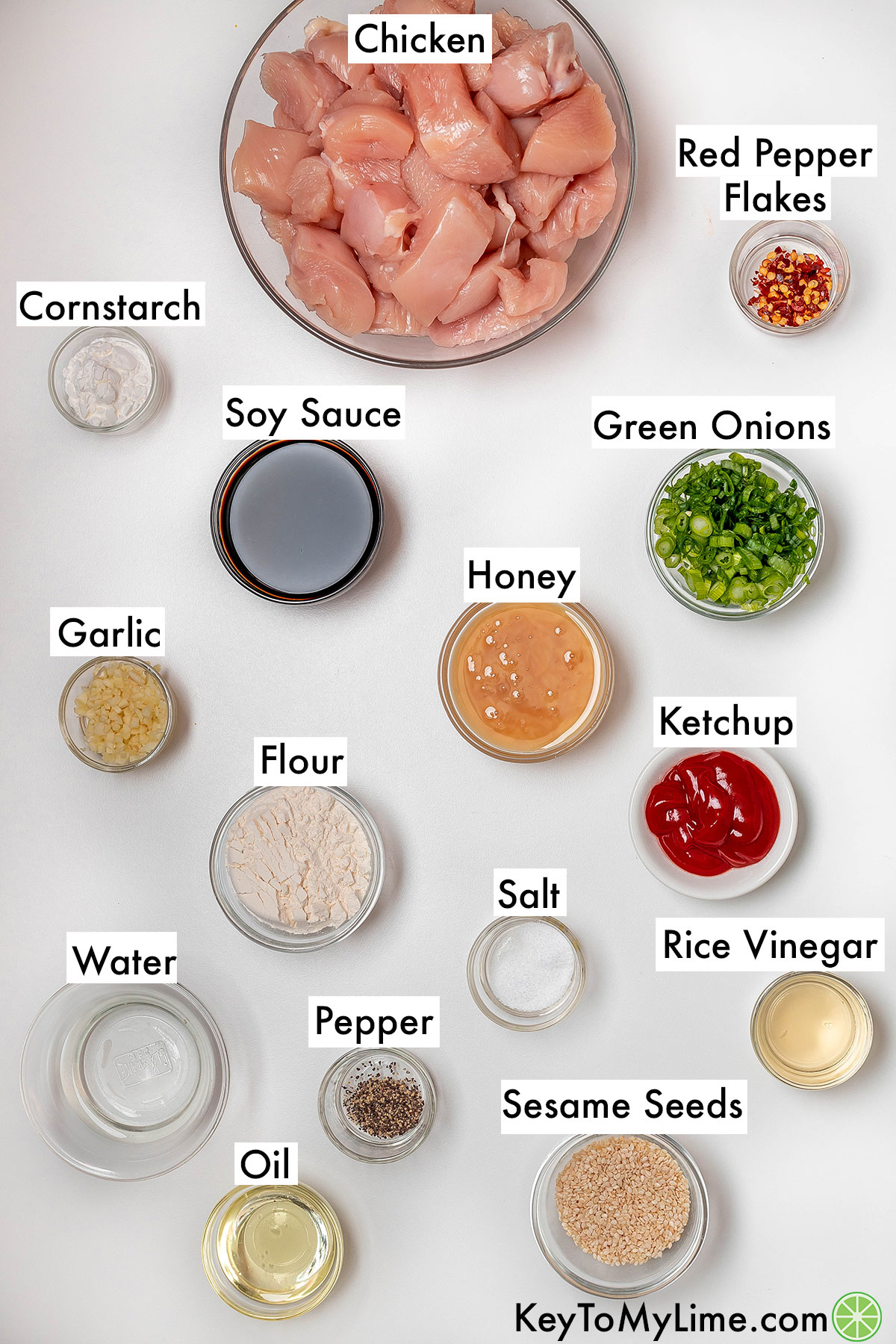The labeled ingredients for honey sesame chicken.